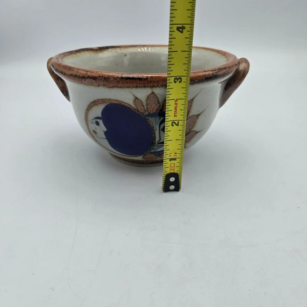 Vintage Tonala Pottery Bowl Sun Moon Celestial Cobalt Blue Hand Painted Mexico